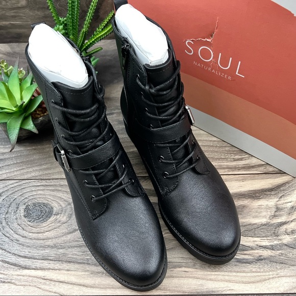 NIB Soul Naturalizer Quartz Black Leather Lace Up Zip Ankle Combat Boots 8M - Picture 3 of 12
